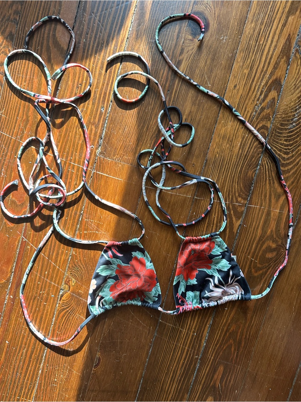 Black Floral Triangle String Bikini Top with Red Blooms